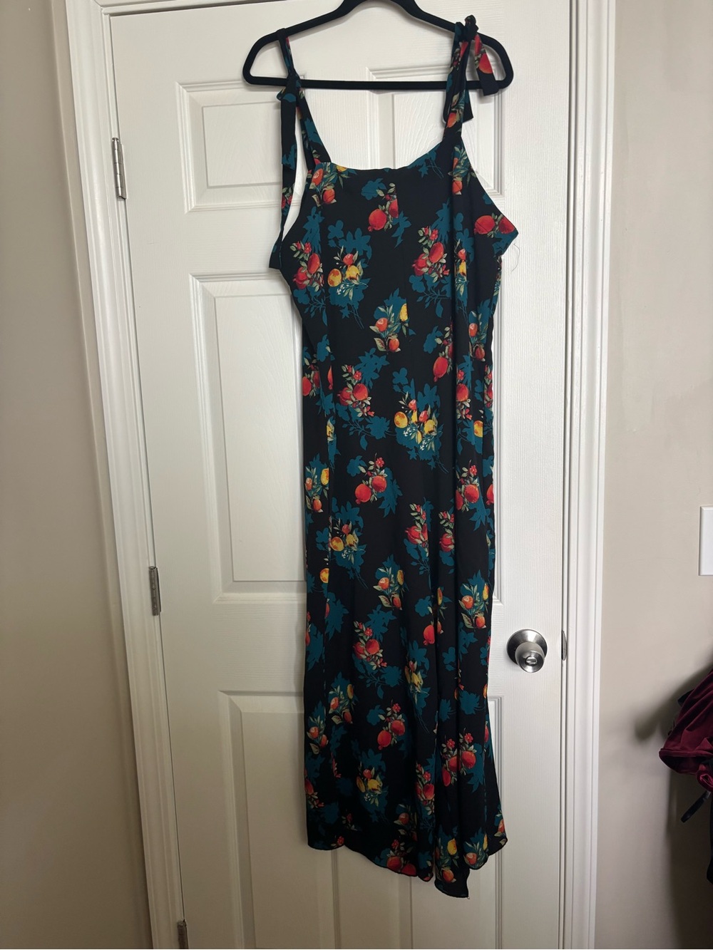 Pyramid CollectionFloral Tie-Strap Maxi Jumpsuit- Black with Red & Teal Floral